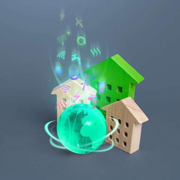 Wooden houses with eco-friendly energy icons and a glowing globe.