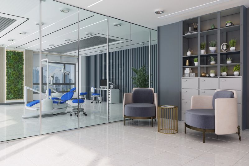 Dental Office With Dentist Chair, Dental Tools And Waiting Area