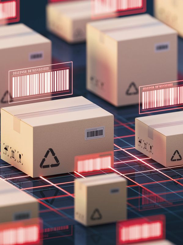 Cardboard boxes with digital barcodes on a futuristic grid.