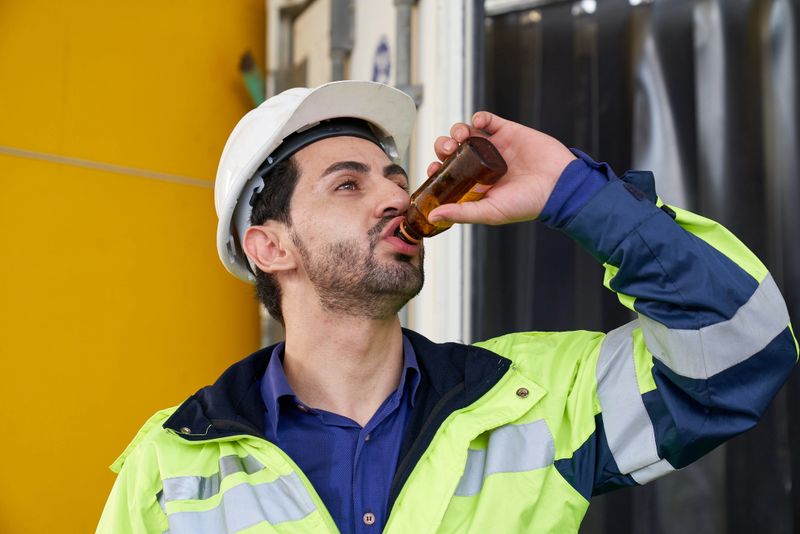 Caucasian mail engineer is drinking energy drink in breaking time , beverage industry factory