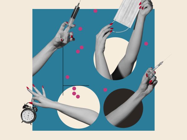 Hands holding syringe, mask, and clock with red nails in artistic composition.