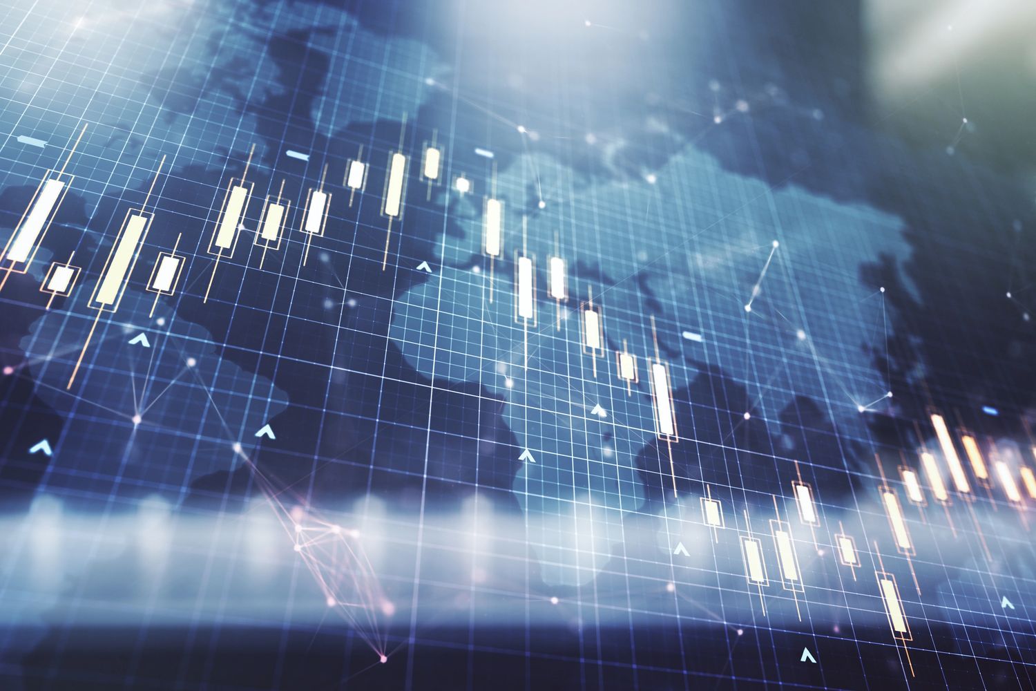 Digital financial graph with candlestick chart over world map background.