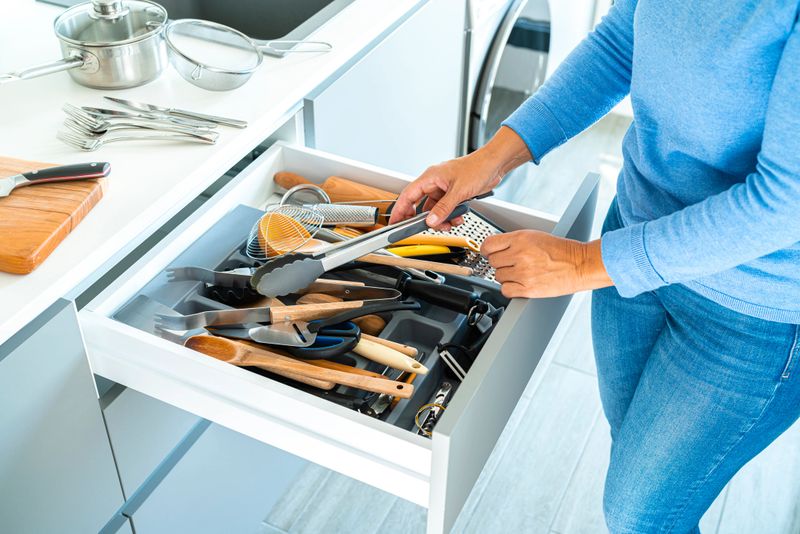 Unrecognizable woman organizing a messy kitchen drawer wit a lot of kitchen utensils. High resolution 42Mp studio digital capture taken with SONY A7rII and Zeiss Batis 40mm F2.0 CF lens
