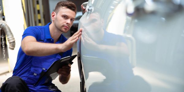 Mechanic inspecting a car's surface.