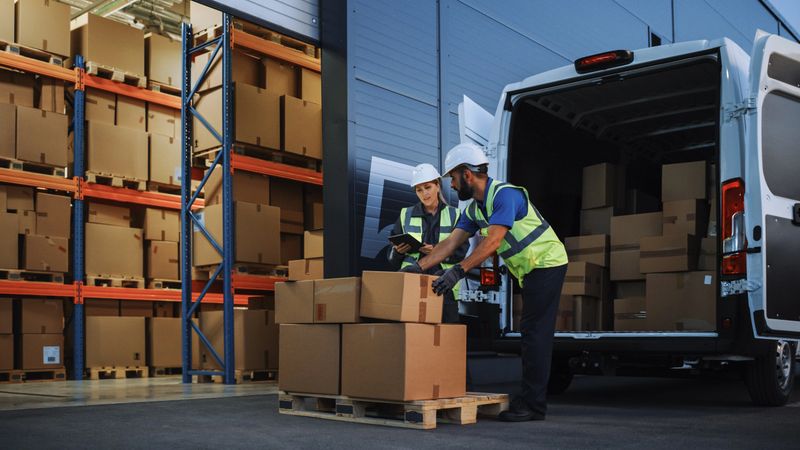 Outside of Retailer Distributions Warehouse With Inventory Manager Using Tablet Computer, talking to Worker Loading Delivery Truck with Cardboard Boxes. Online Orders, Purchases, E-Commerce Goods