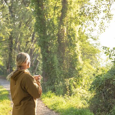 Person in brown jacket enjoying a sunny forest path.