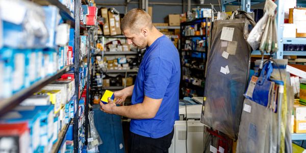 Man in blue shirt organizing items on warehouse shelves.