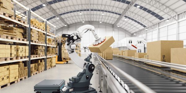 Conveyor belts integrated with industrial robots for packaging solutions. 