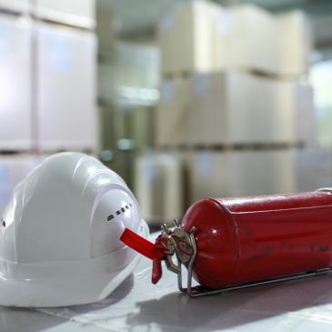 White safety helmet next to a red fire extinguisher.