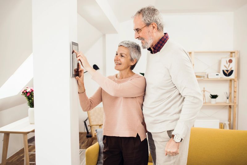 Senior woman and her husband setting up the intelligent home system at their house.