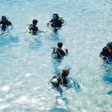 scuba divers in a shallow water with a PADI instructor