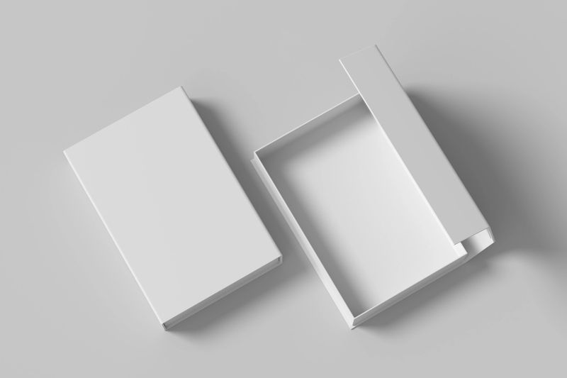 White opened and closed rectangle folding gift box mock up on white background. View above. 3d illustration.