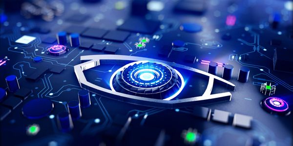 Futuristic digital eye embedded in a glowing circuit board.