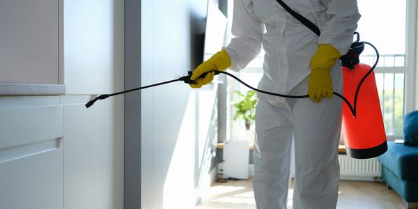 Person spraying pesticide indoors with protective gear.