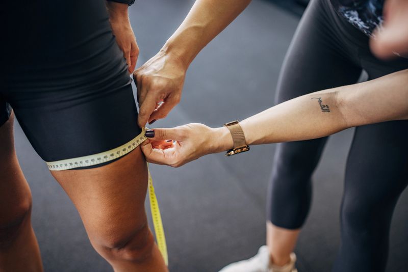 Two women, female personal trainer measuring her client's thigh in gym.