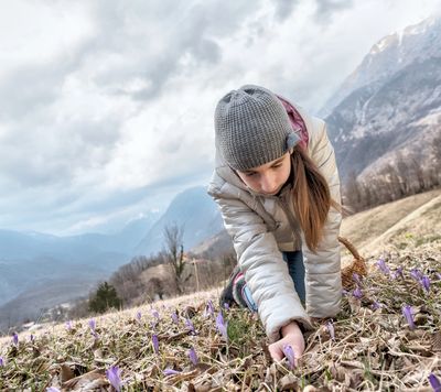 Girl picking purple flowers in a mountainous field.