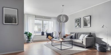 Modern minimalist living room with gray sofa and natural light.