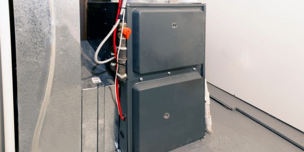 A modern heating furnace unit in a clean basement.