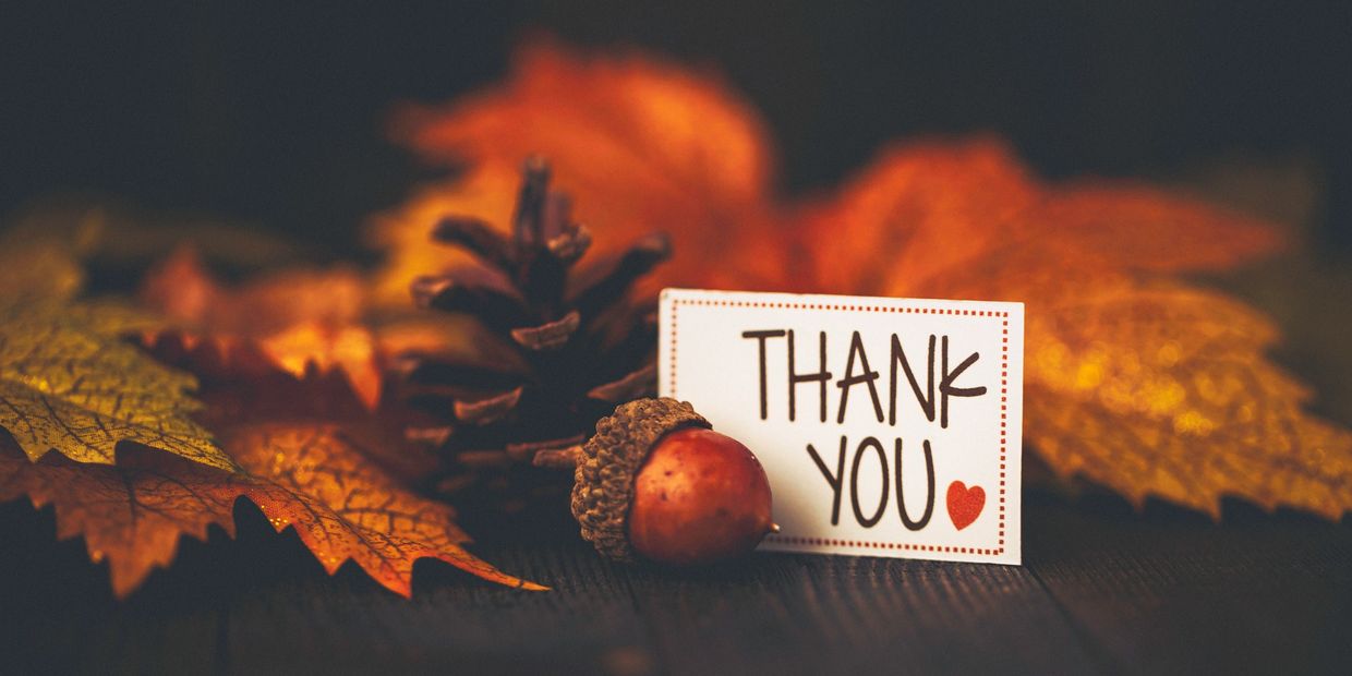 A thankful autumn scene with fall leaves, pinecone, acorn, and a 'Thank You' card.
