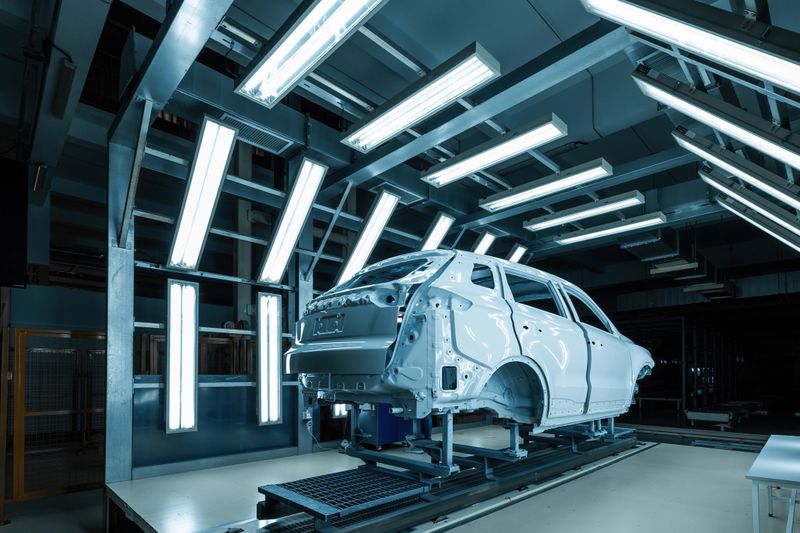 car body at the inspection stand, high-tech production of electric cars.