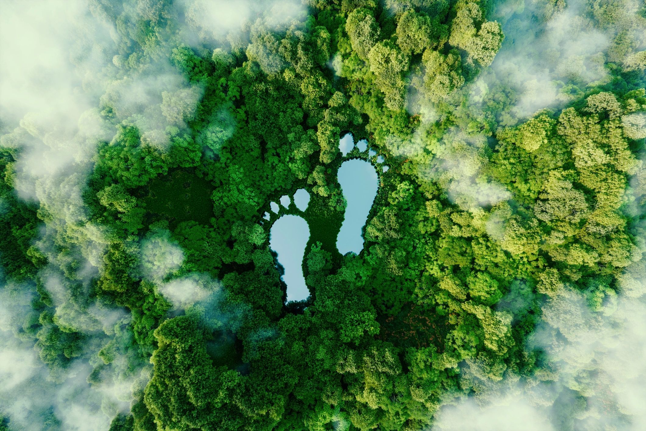 Aerial view of two lakes shaped like footprints in a dense forest.