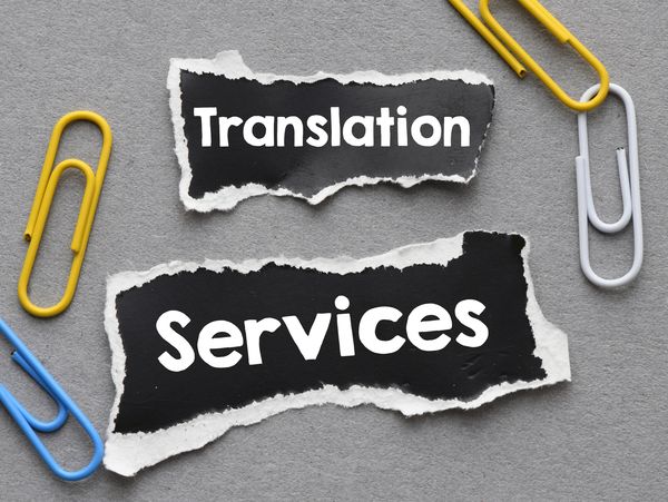 Torn paper pieces with 'Translation Services' surrounded by colorful paperclips.