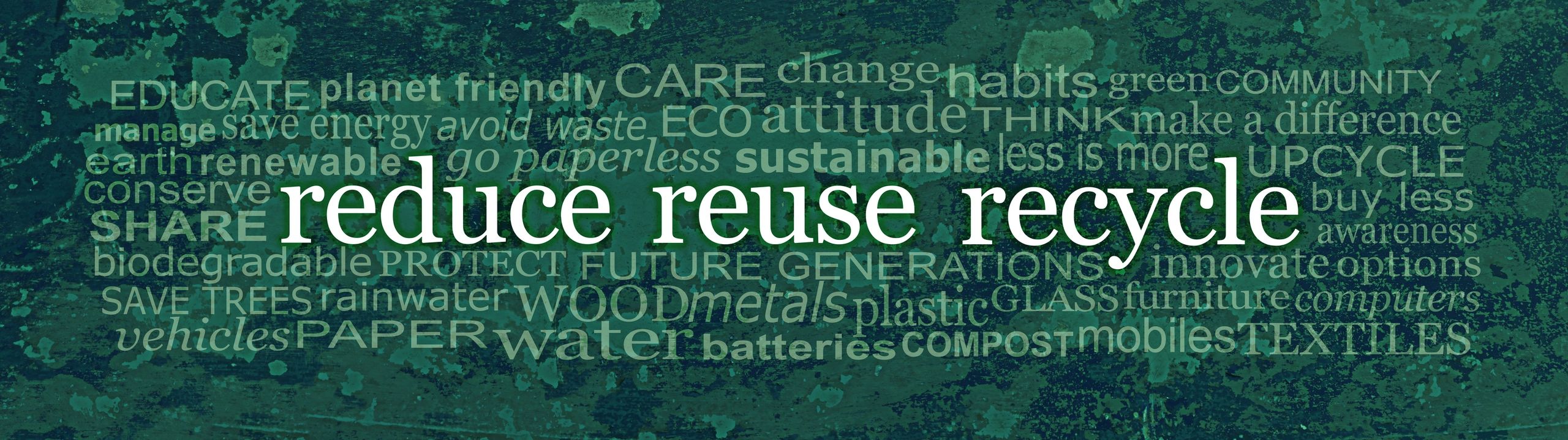 Environmental words centered on reduce, reuse, recycle for sustainability.