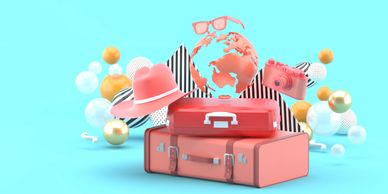 Travel-themed 3D illustration with suitcases, globe, hat, and camera on a blue background.