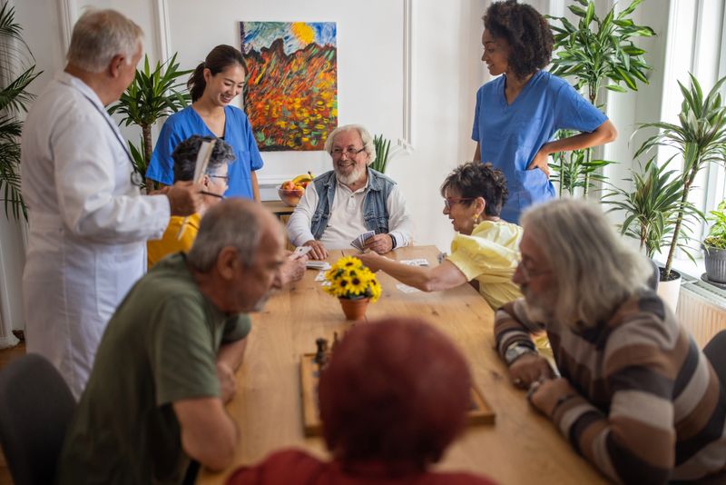 Happy senior people playing card at nursing home