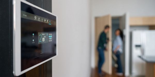 Smart home control panel showing door status with two people in the background.