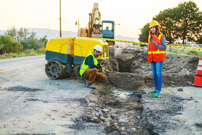 Western USA Highway, Road and Street Construction Hispanic Workers Setting Barriers and Directing Traffic with Matching 4K Video Available (Shot with Canon 5DS 50.6mp photos professionally retouched - Lightroom / Photoshop - original size 5792 x 8688 downsampled as needed for clarity and select focus used for dramatic effect)