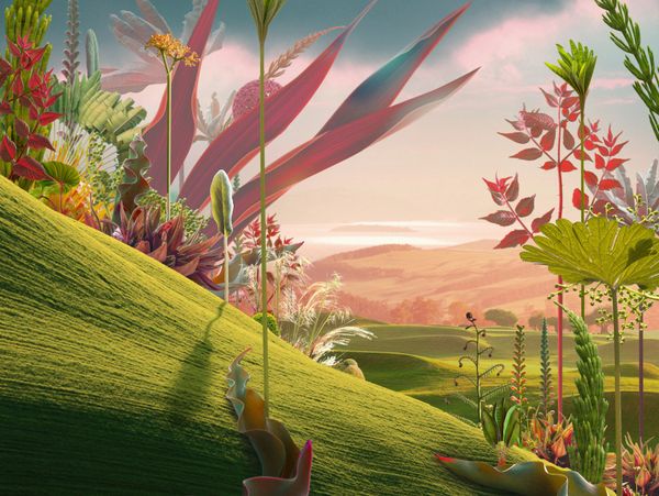Surreal landscape with oversized colorful plants on rolling green hills at sunset.