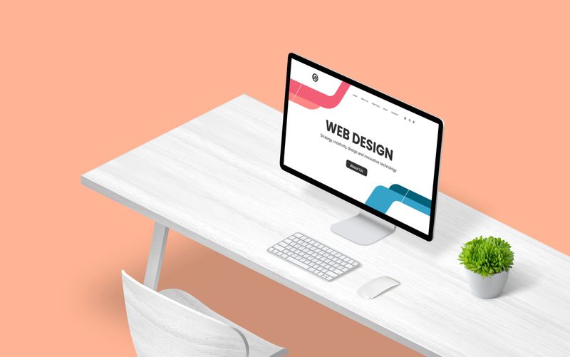 Web design concept page on computer display. Flat designed web page. Isometric view of work desk