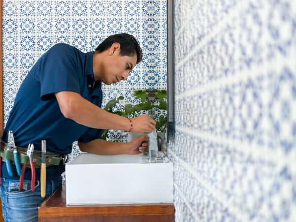 A plumber fixing a faucet in a bathroom with blue patterned tiles.