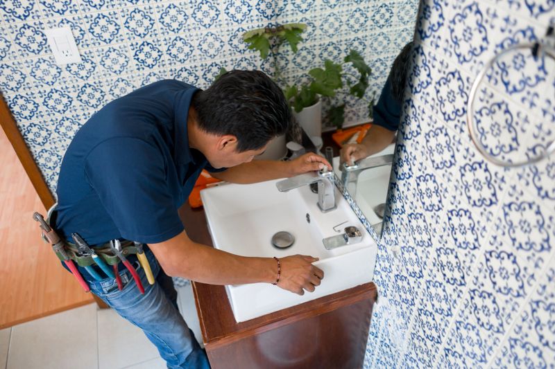Latin American plumber installing a faucet in a bathroom's sink - home repairment concepts