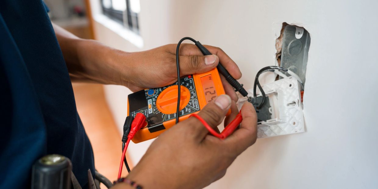Person checking voltage with multimeter on wall outlet wiring.