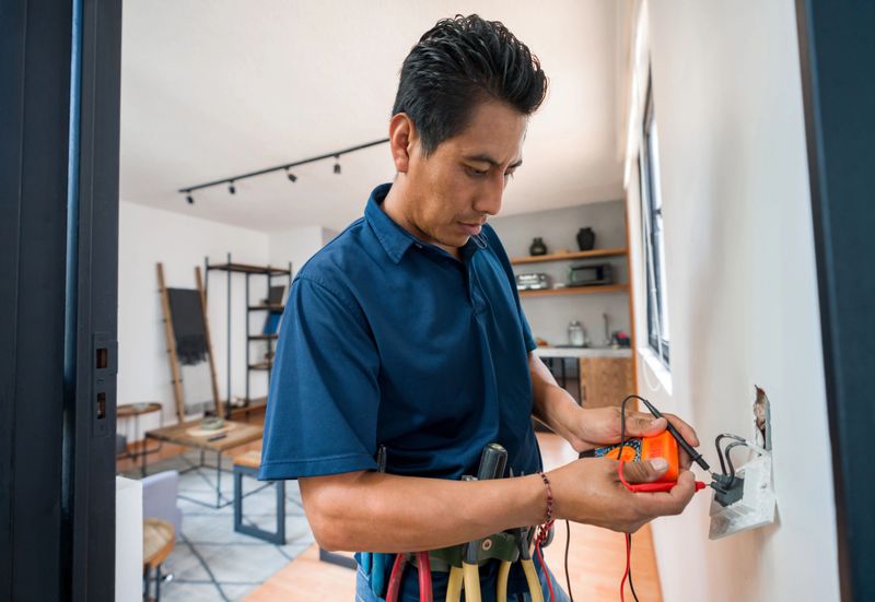 Latin American electrician fixing an electrical outlet at a house and measuring the voltage with a multimeter - home improvement concepts