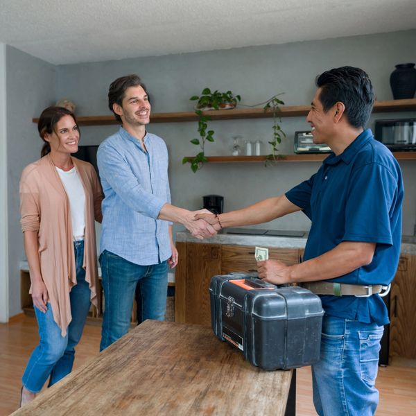 A couple shakes hands with a repairman in a modern kitchen, handing over money.