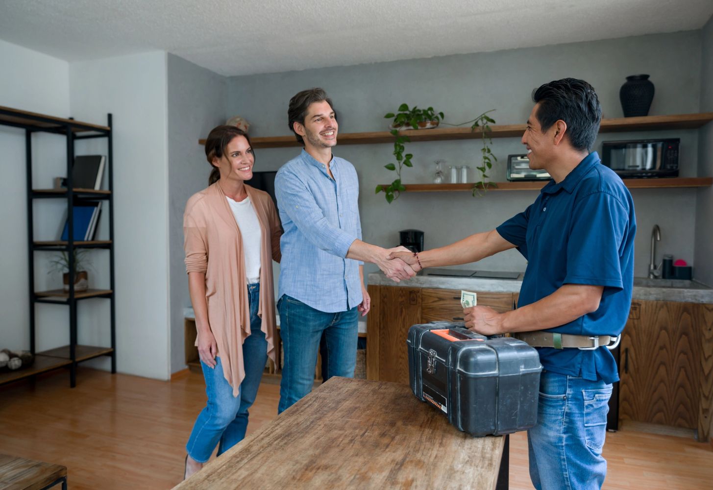 A couple shakes hands with a repairman in a modern kitchen, handing over money.