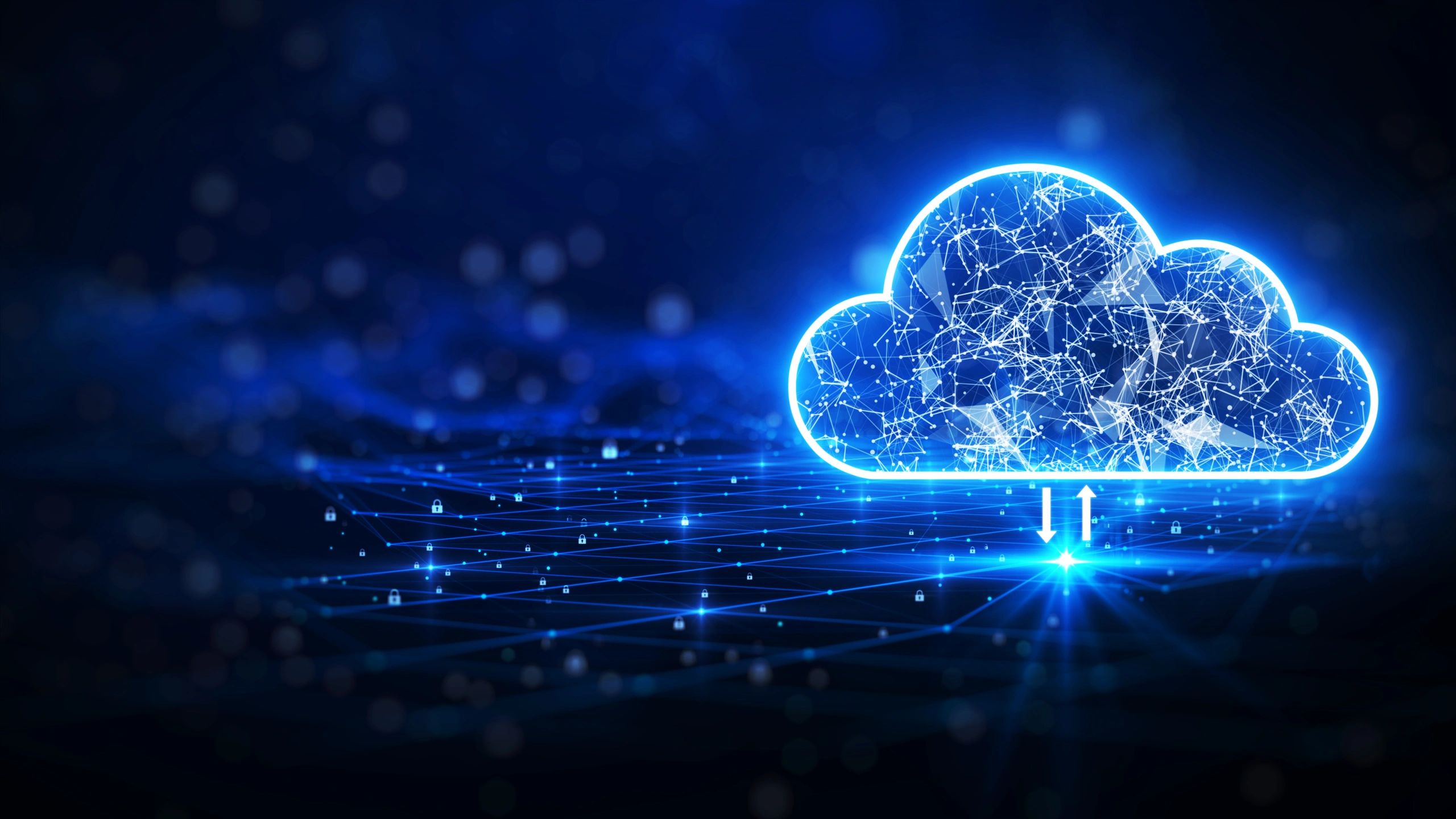 Glowing cloud network symbolizing secure cloud computing and data exchange.