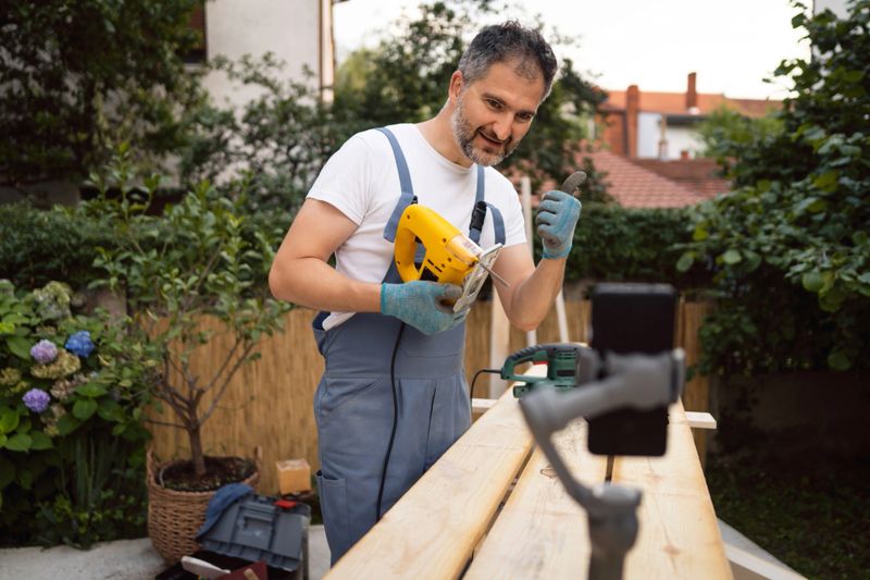Mid-adult carpenter gesturing thumb up, after he finished with recording his online tutorial, where he teaching his followers about how to properly use a jigsaw, and what they should know about this electric tool