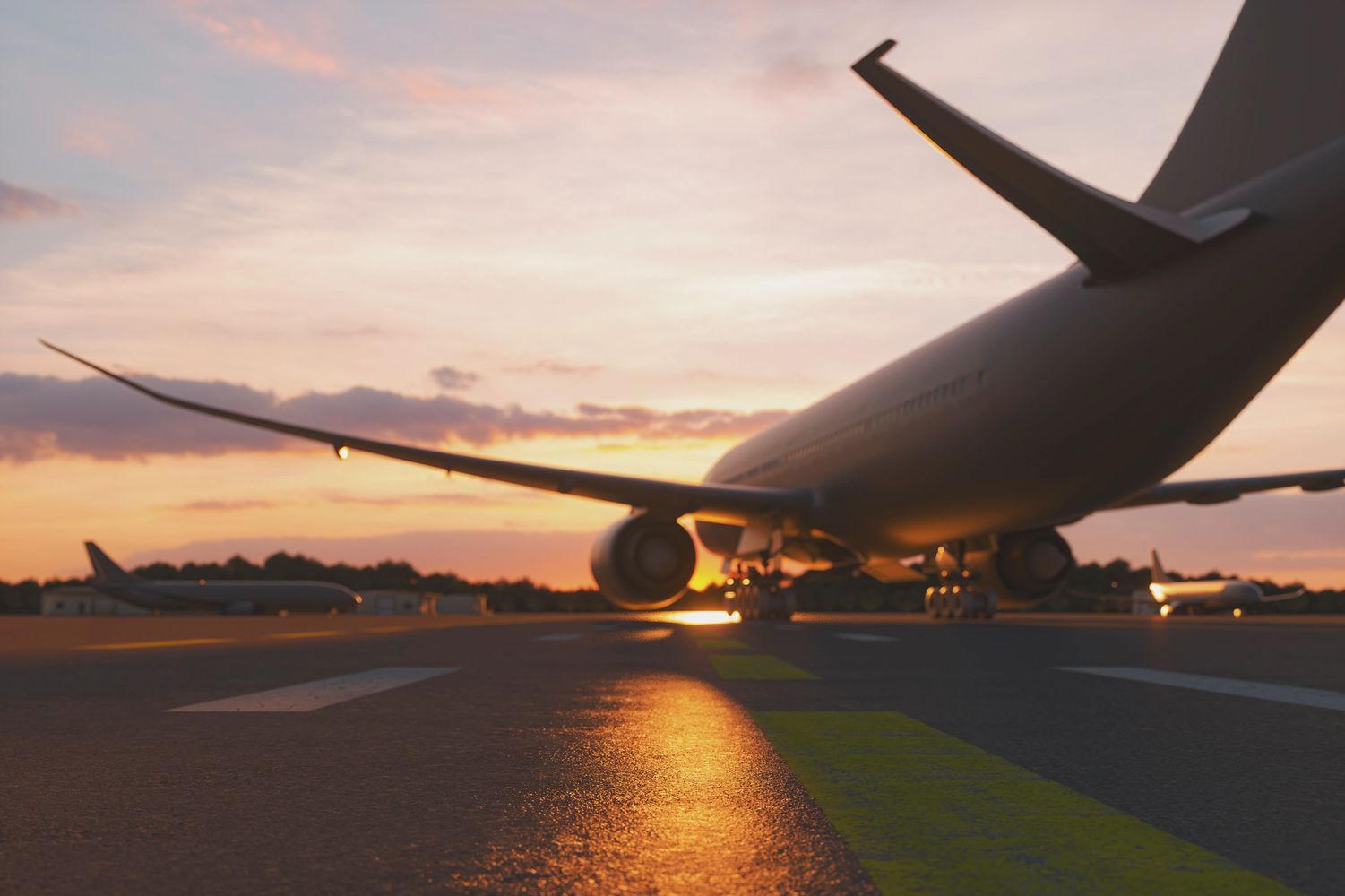 A large airplane on a runway during sunset with other planes in the background.