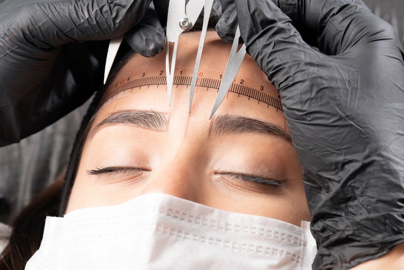 Beautician is using instrument of measurement. Beautiful young woman in beauty salon on eyebrow makeup treatment. Beautician doing eyebrows tattooing. Ruler