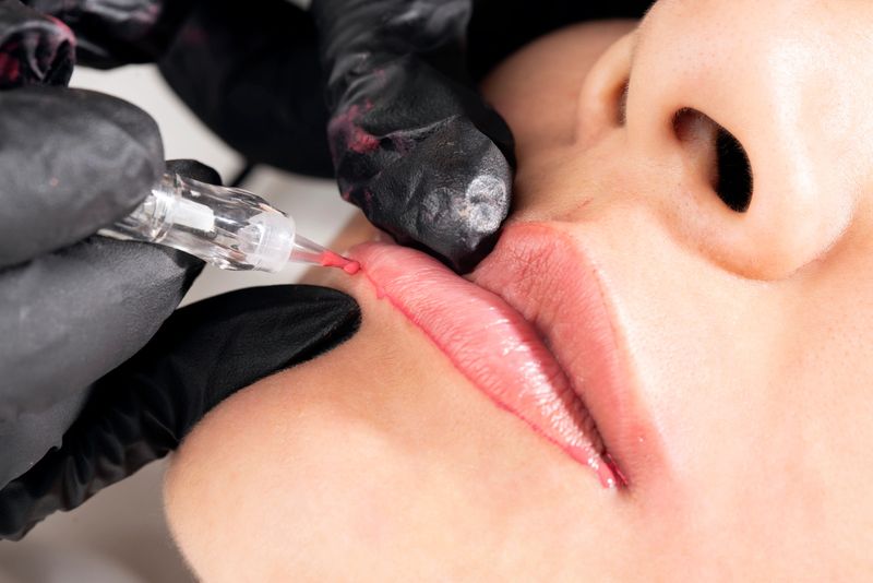 Beautiful young woman in beauty salon on lip makeup treatment. Beautician doing lips tattooing.