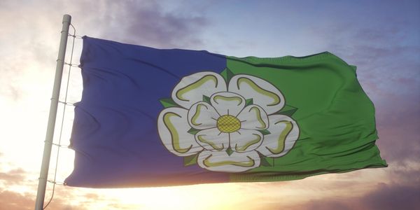 Flag with blue and green halves and a white rose emblem flying at sunset.