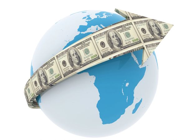 Globe with a dollar bill arrow circling it, symbolizing global financial growth.