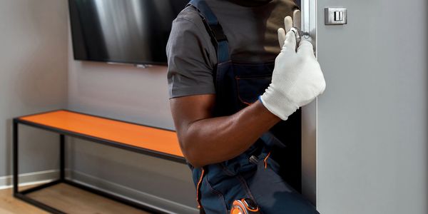 Electrician fixing a switch panel wearing gloves and uniform.