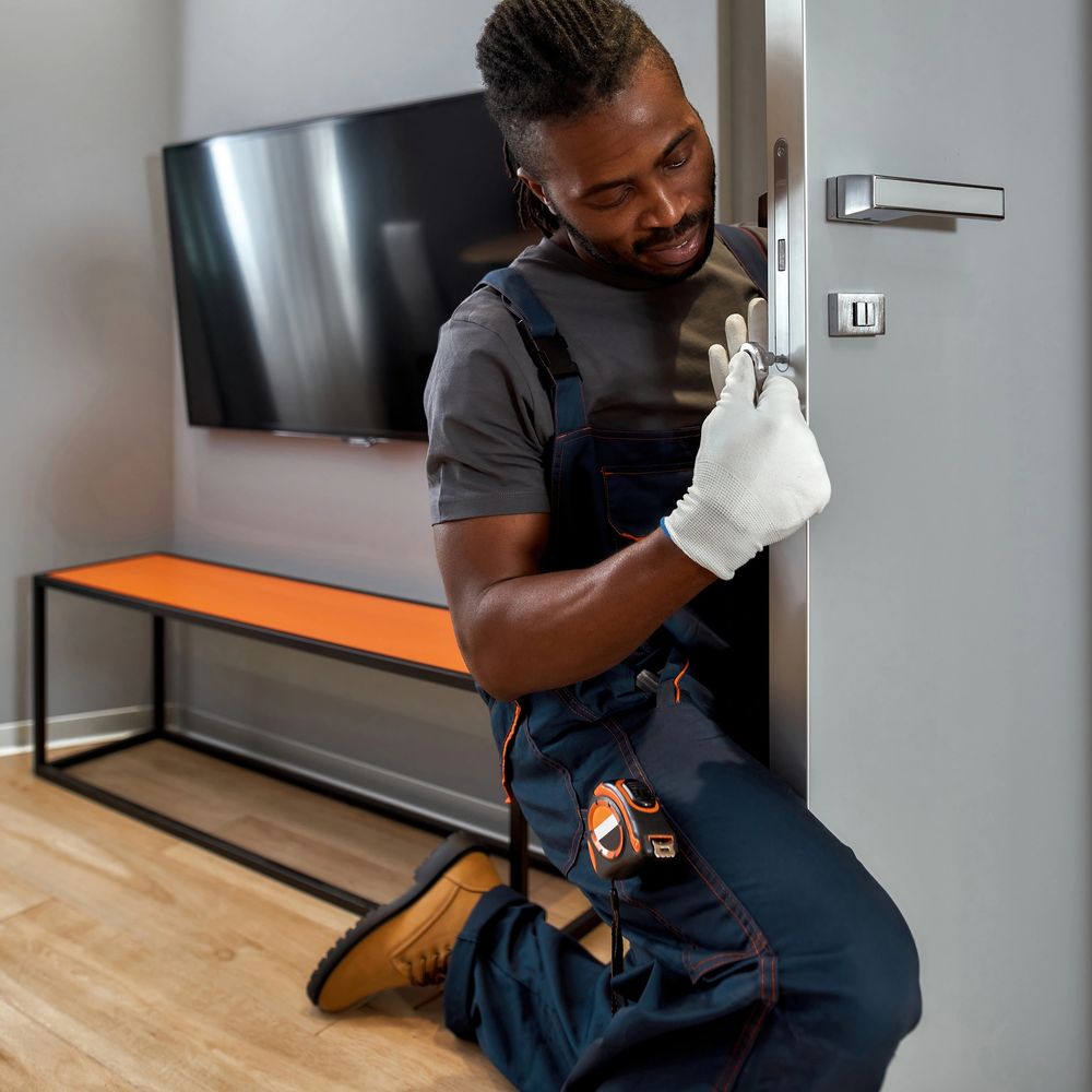 A locksmith fixing a door lock while kneeling indoors.
