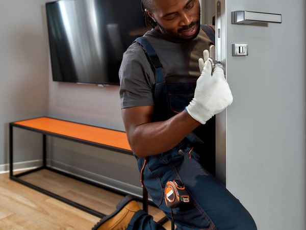 A locksmith fixing a door lock while kneeling indoors.