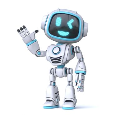 Friendly robot waving with a winking digital face.